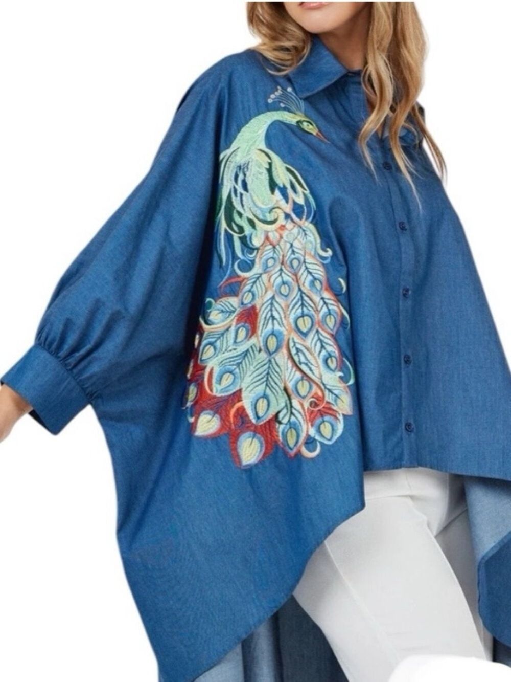 COBYCO Peacock Embroidered Chambray High Low Oversized Art Shirt Size S NWOT